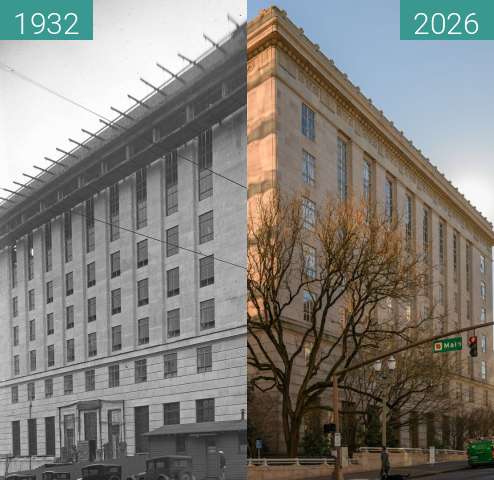 Vorher-Nachher-Bild von Gus Solomon Federal Courthouse, Portland, Oregon zwischen 1932 und 13.01.2026
