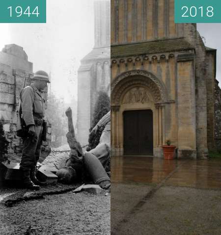 Before-and-after picture of Trévières - Normandy between 06/1944 and 2018-May-01