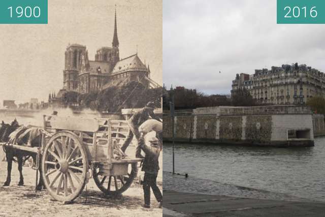 Before-and-after picture of Quai de la Tournelle/Notre Dame between 1900 and 2016-Jan-10