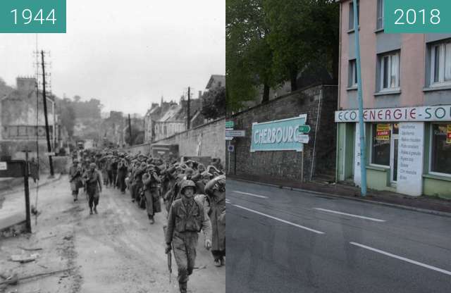 Before-and-after picture of Cherbourg 1944 - Normandy between 06/1944 and 2018-May-04
