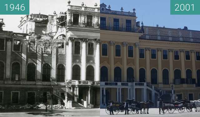 Before-and-after picture of Bombed Schönbrunn between 1946 and 2019