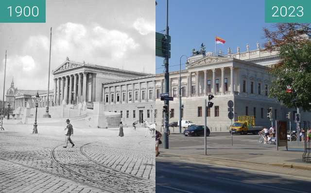 Before-and-after picture of Österreichisches Parlament between 1900 and 08/2023