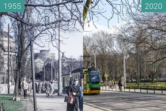 Before-and-after picture of Ulica Fredry between 1955 and 2020-Mar-08