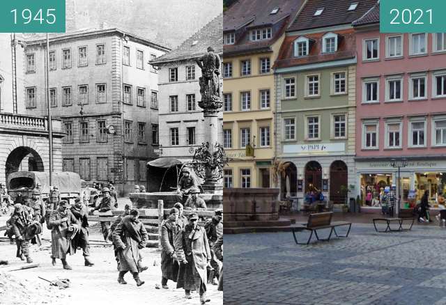 Image avant-après de Heidelberg; Herkulesbrunnen entre 1945 et 06/10/2021