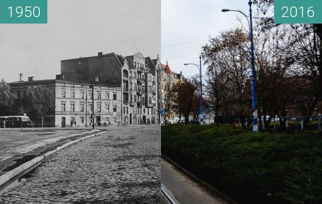 Before-and-after picture of Dowbora Musnickiego street between 1950-Nov-30 and 2016-Nov-30
