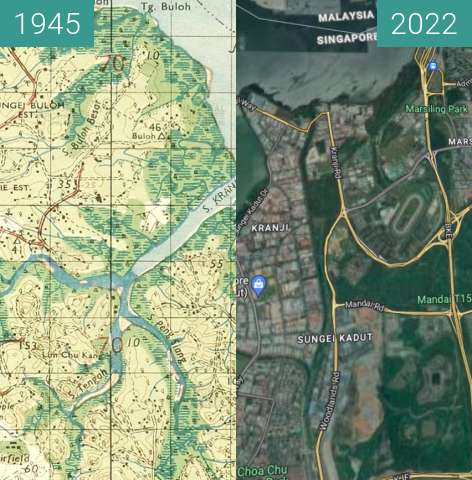 Vorher-Nachher-Bild von Sungei Kranji zwischen 1945 und 2022