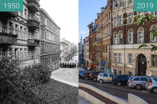 Before-and-after picture of Ulica Ogrodowa between 1950 and 2019