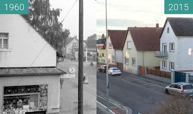 Before-and-after picture of Speyerer Strasse in Schifferstadt between 02/1960 and 2015-Nov-25