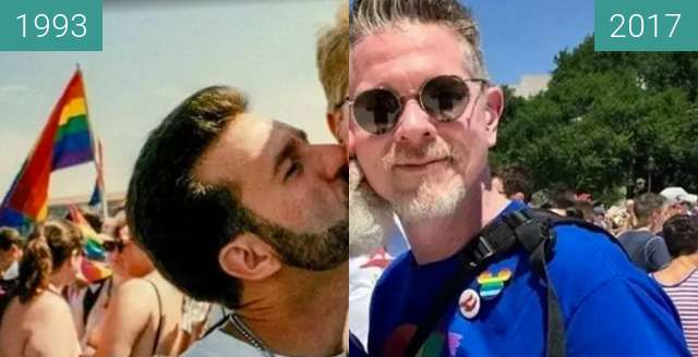 Before-and-after picture of N. Cardello & K. English beim March on Washington between 1993 and 2017