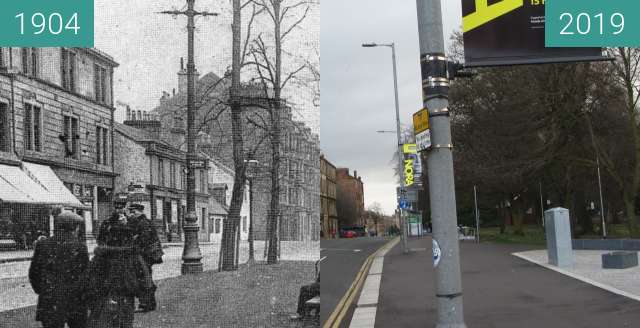 Before-and-after picture of Shawlands fountain between 1904 and 2019-Mar-24