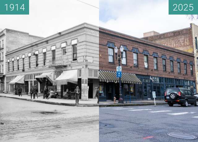 Before-and-after picture of Parkhurst Hotel 1914 and 2025 between 1914 and 2025-Feb-25