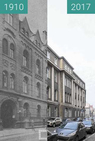 Before-and-after picture of Ulica Szkolna, szpital miejski between 1910 and 2017