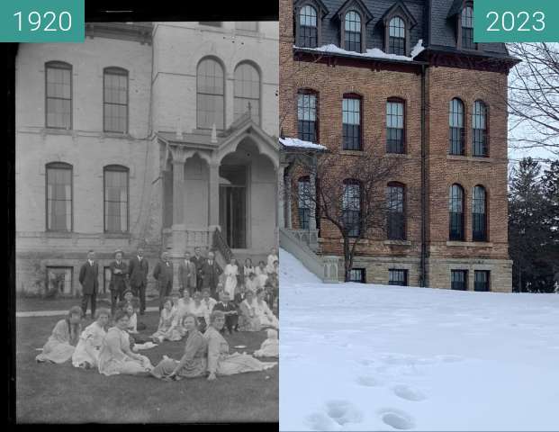 Before-and-after picture of 2023-01-23-Mai Old Main Rephotography between 1920 and 2023