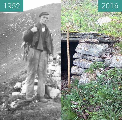 Before-and-after picture of Stara Bricova bajta na Vrhu between 1952 and 2016