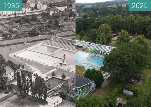 Vorher-Nachher-Bild von Luftaufnahme Moskaubad zwischen 1935 und 26.06.2025