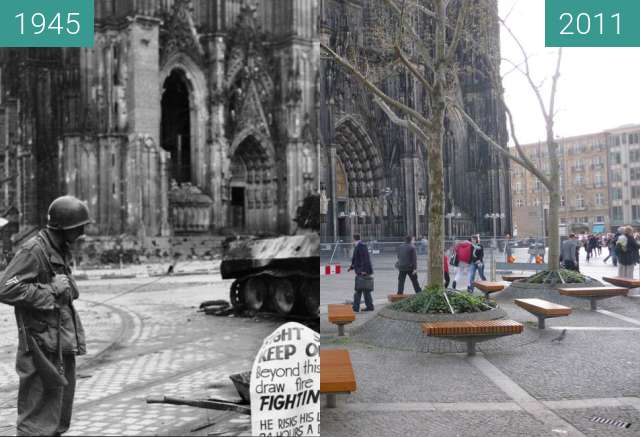 Before-and-after picture of Köln Domplatte 1945/2011 between 1945-Apr-04 and 04/2011