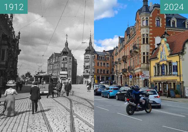 Before-and-after picture of Körnerplatz in Dresden between 1912 and 2024-Apr-21