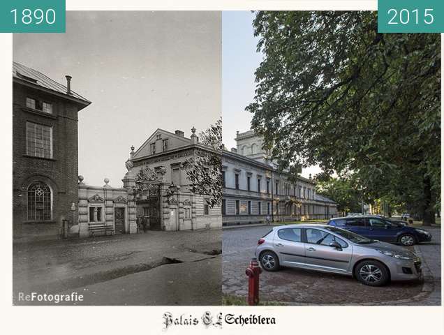 Before-and-after picture of Karl Scheibler's Palace between 1890 and 2015