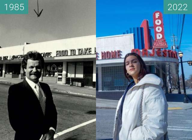 Before-and-after picture of majestic diner 1985, 2022 between 1985 and 2022