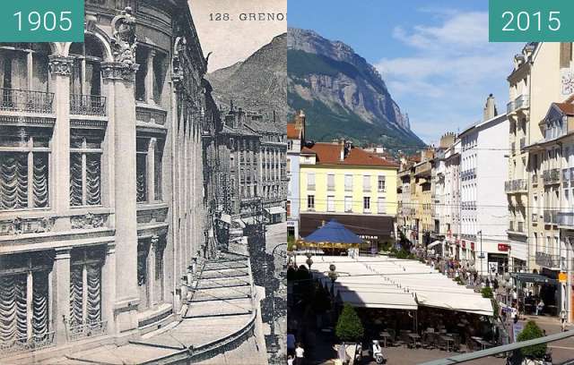 Before-and-after picture of Grenoble | Place Grenette : Galeries Modernes.  between 1905 and 2015