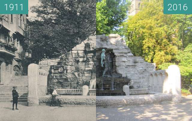 Before-and-after picture of Haarmannsbrunnen between 1911 and 2016-Aug-31