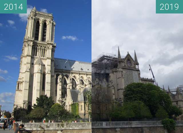 Image avant-après de Notre-Dame après l'incendie entre 03/09/2014 et 05/05/2019