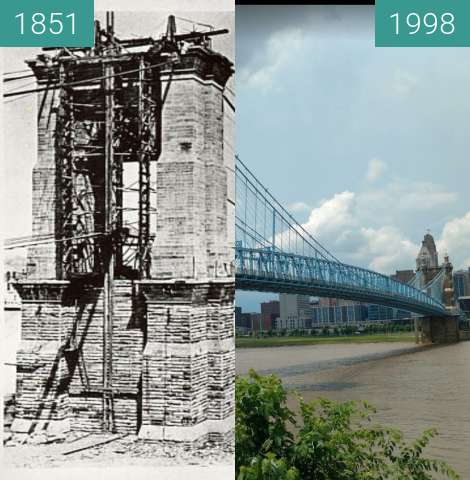 Before-and-after picture of Roebling Bridge between 1851 and 1998