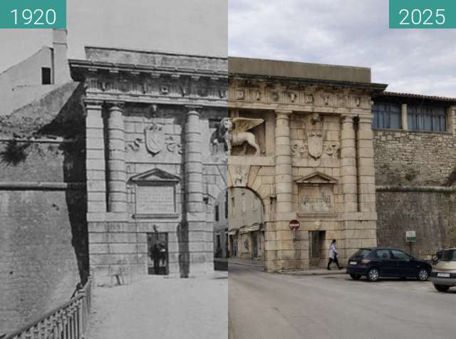 Before-and-after picture of Land Gate, Zadar between 1920 and 2025-Apr-17