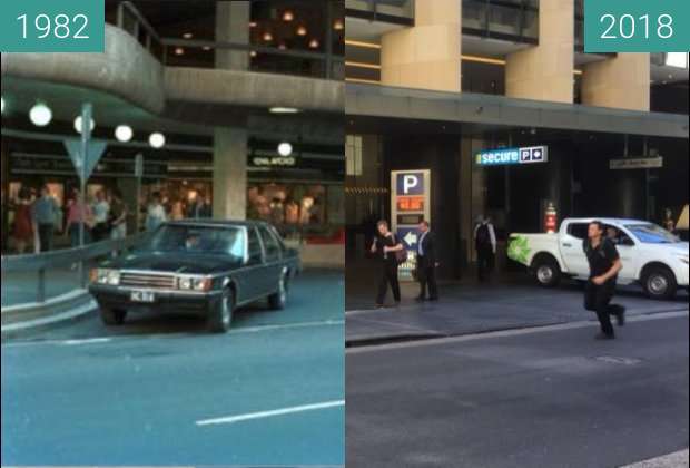 Before-and-after picture of Sydney Hilton Hotel between 1982 and 2018-Jan-17