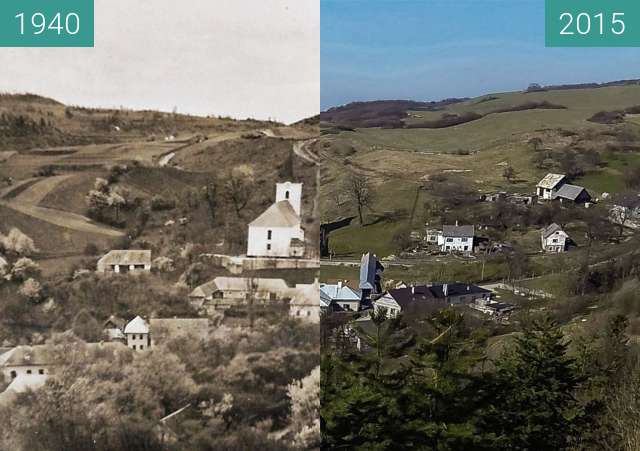 Vorher-Nachher-Bild von Kirche und Hochwies (Vel´ké Pole) von Osten zwischen 1940 und 2015
