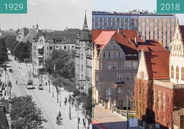 Before-and-after picture of Ulica Św. Marcin/Kaponiera/Zwierzyniecka between 1929 and 2018
