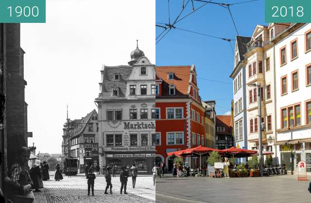 Before-and-after picture of Marktschlößchen between 1900 and 2018-Sep-12