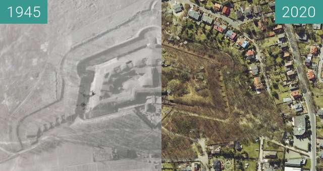 Before-and-after picture of Fort IX Brünneck w Poznaniu between 1945 and 2020-Apr-05