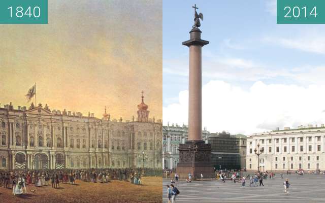 Before-and-after picture of St. Petersburg, Palace Square between 1840 and 2014-Aug-17