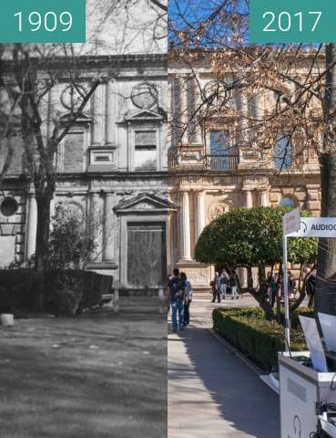 Before-and-after picture of Westside of the Palacio de Carlos V in Alhambra between 1909 and 2017-Jan-31