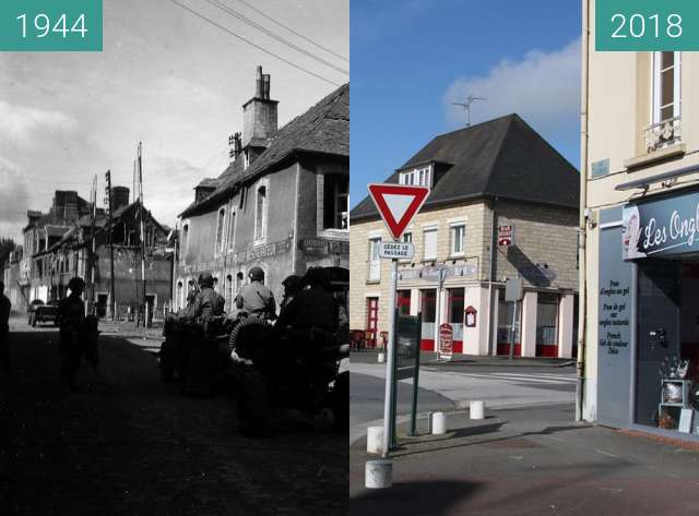 Before-and-after picture of Carentan 1944 - Normandy between 06/1944 and 2018-May-03