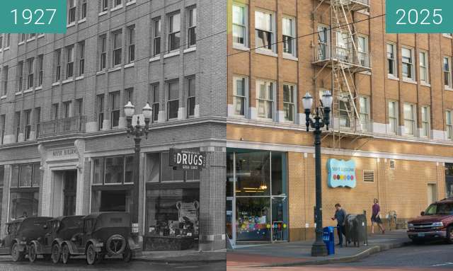 Before-and-after picture of Mayer Building, Portland, Oregon between 1927 and 2025-Mar-26