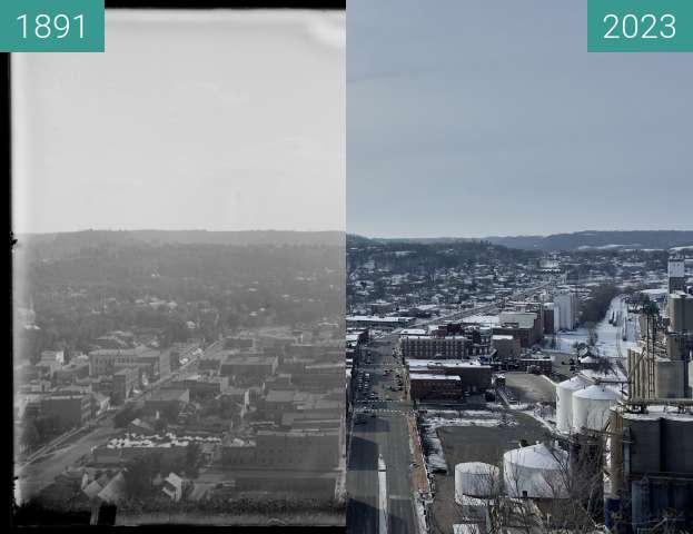 Before-and-after picture of Red Wing from Barn Bluff: 1891-2023 between 1891 and 2023-Jan-14