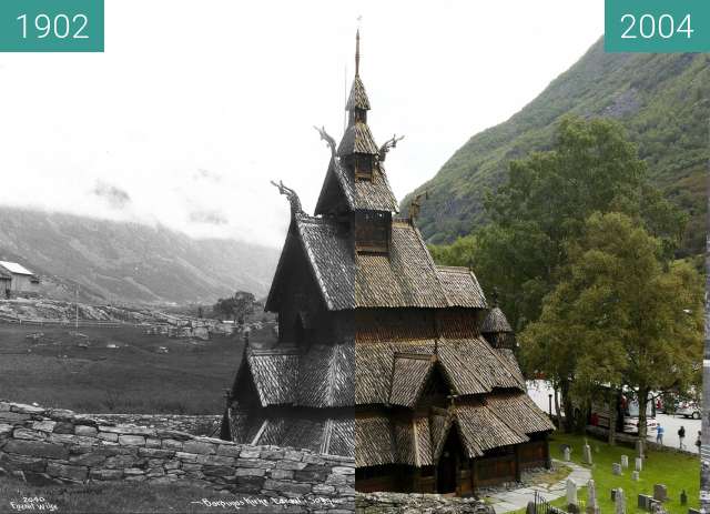 Image avant-après de Borgund Stave Church entre 1902 et 2004